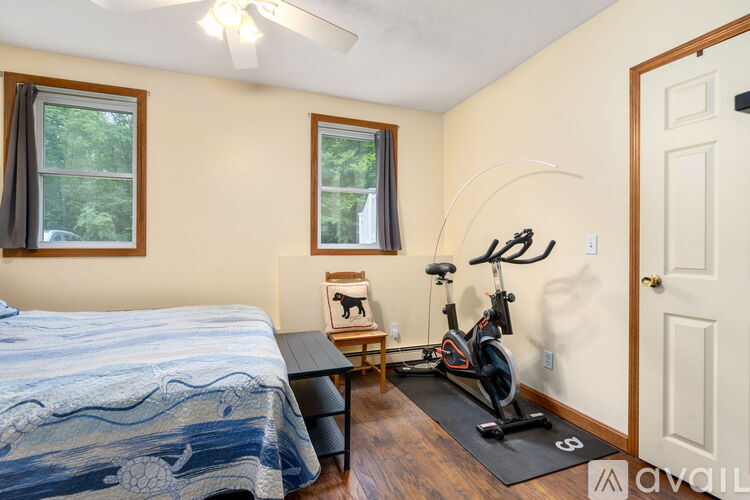 A bedroom with a bed, a fan, a window, a chair, a dog silhouette, and a bicycle.