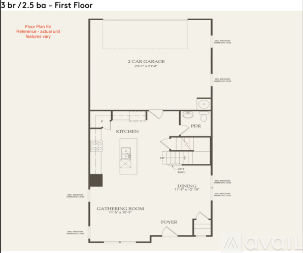 A floor plan for a reference unit features a 2 car garage, kitchen, dining room, gathering room, and foyer.