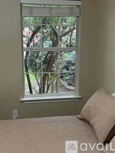A window with a view of trees and a red building outside.