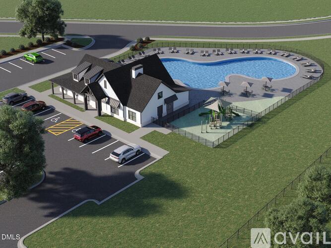 A rendering of a resort with a pool and a house.