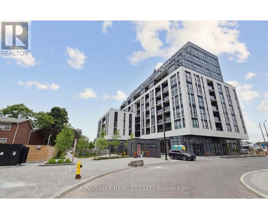 A modern building with the sign Kingsway Real Estate Brokerage on it.