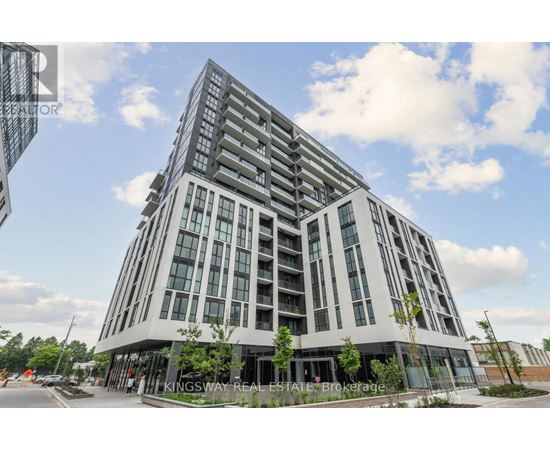 A modern multi-story building with a glass facade and a sign that reads "Kingsway Real Estate Brokerage.".