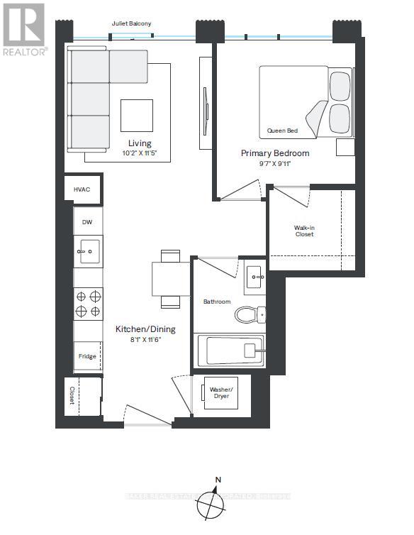 A floor plan of a home with a living room, kitchen, dining area, and two bedrooms.