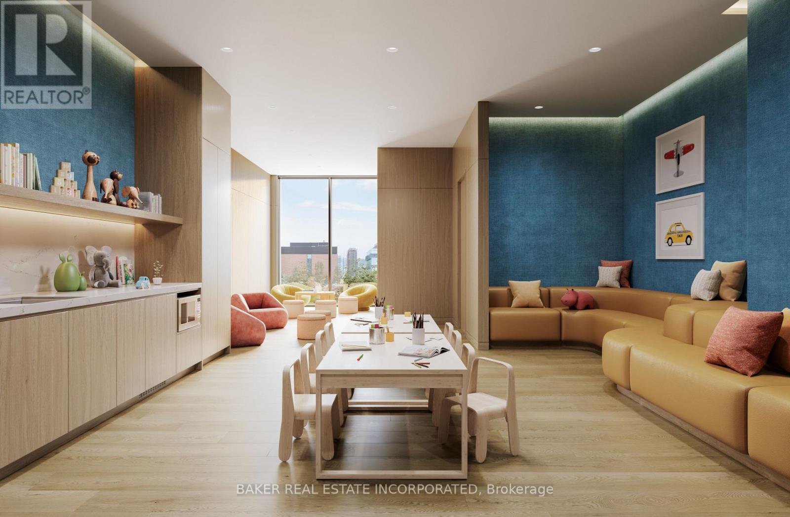 A modern dining room with a table set for two and a view of the city.