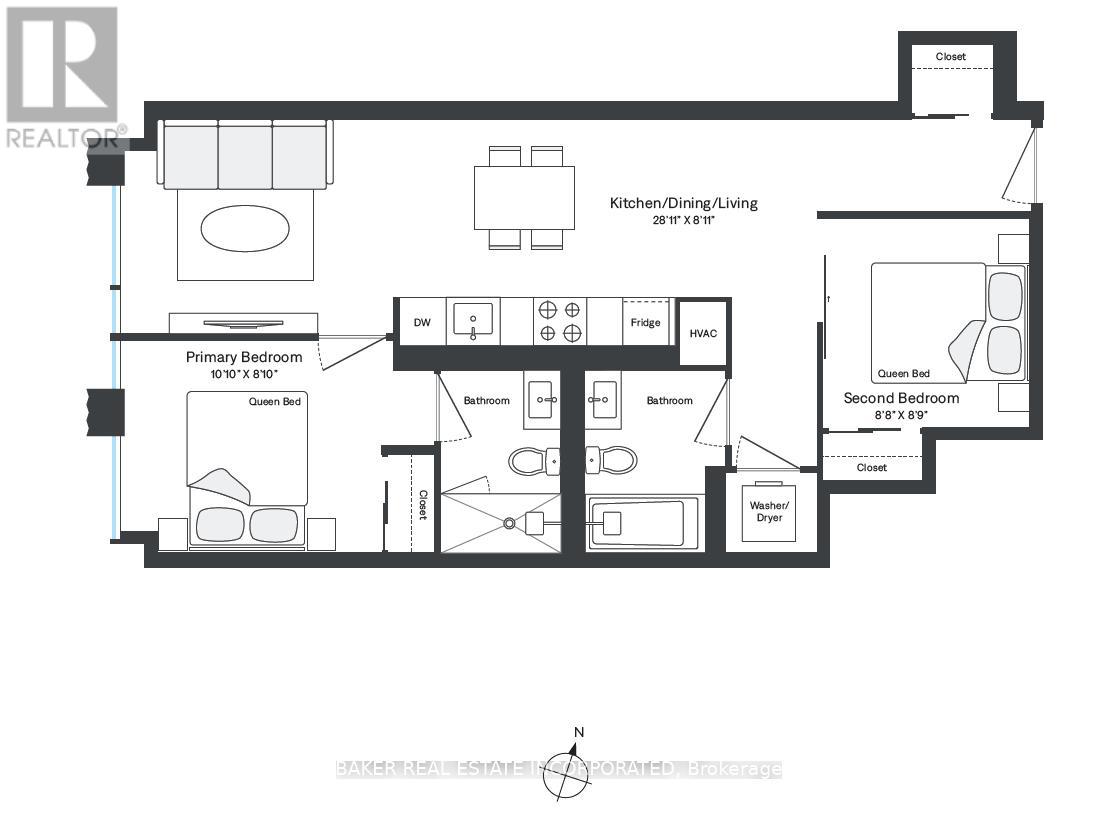 A floor plan of a house with a kitchen, two bedrooms, and a laundry room.