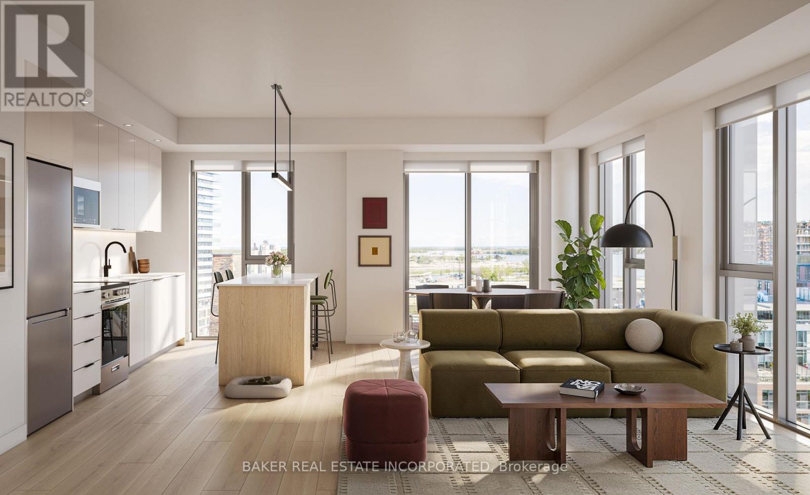 A modern living room with a green sofa and a wooden coffee table.