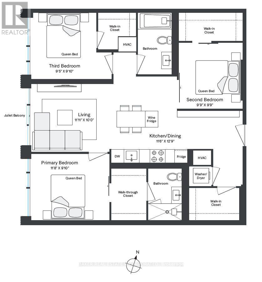 A floor plan of a house with a living room, two bedrooms, a kitchen, a bathroom, and a washer/dryer.