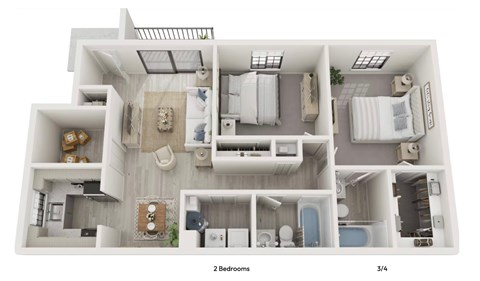 A 3/4 scale model of a house with two bedrooms.