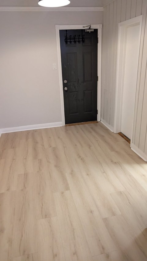 A room with a black door and wooden flooring.