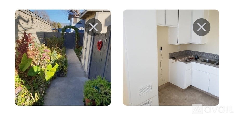 A narrow garden path leads to a white kitchen with a granite countertop.