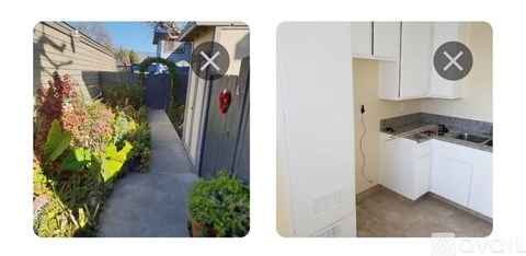 A narrow garden path leads to a white kitchen with a granite countertop.