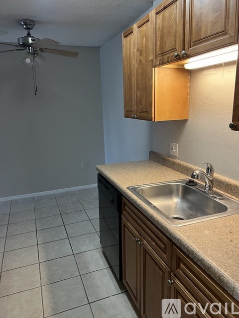 A kitchen with a sink and a ceiling fan.