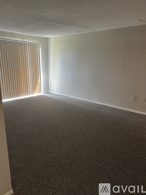 A room with a carpeted floor and a window with blinds.