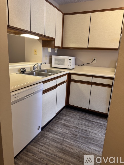 A small kitchen with a white dishwasher and a white microwave.