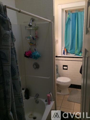 A bathroom with a toilet, a shower with a blue shower curtain, and a window.