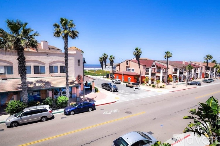 A street view of a residential area with palm trees and parked cars.