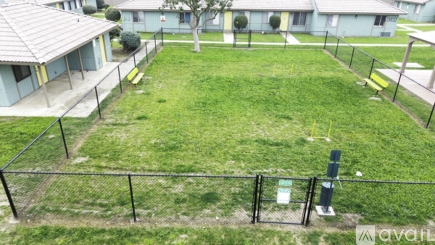A grassy area with a fence and a tree in the middle.