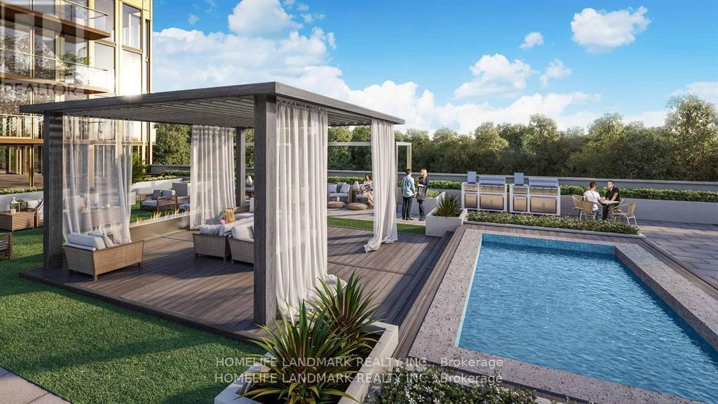 A modern outdoor living space with a pool and lounging area.