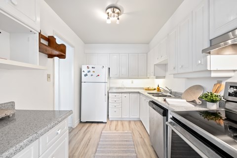 A kitchen with white cabinets and a granite countertop.