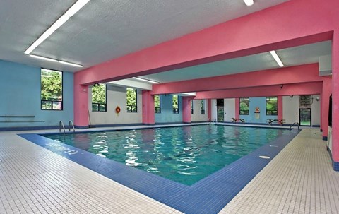 A large indoor swimming pool with a blue bottom and a pink and blue tiled edge.