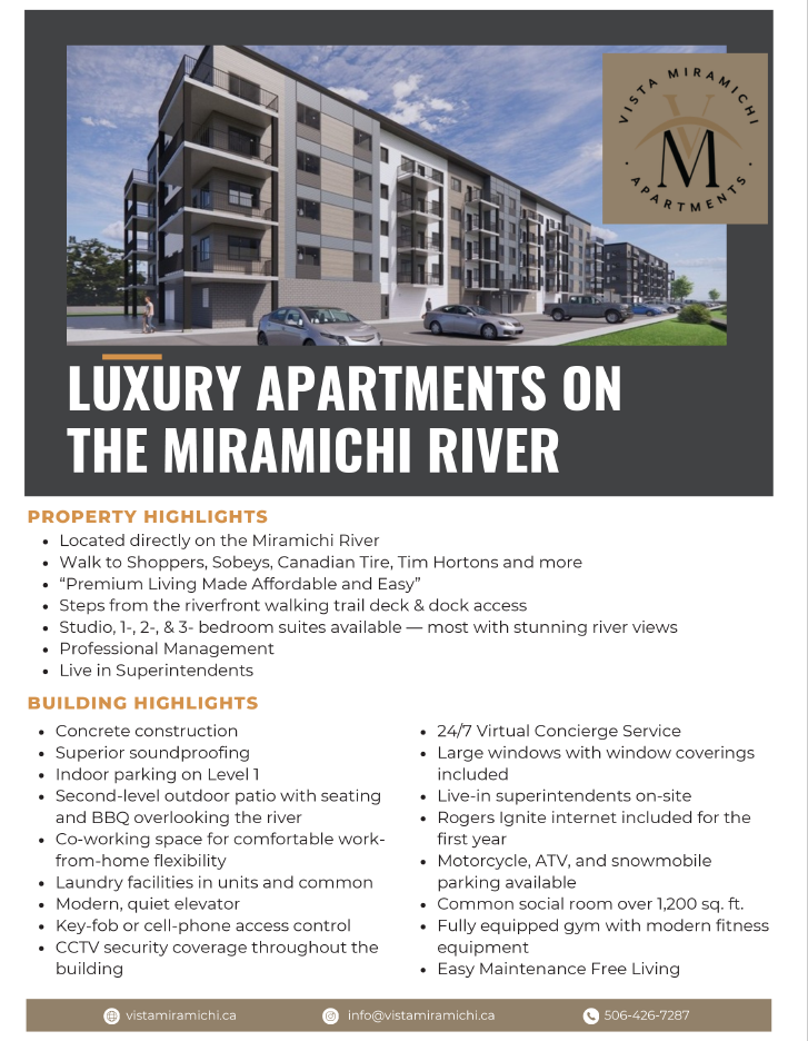 A flyer for luxury apartments on the Miramichi River, highlighting their location, property features, and building highlights.