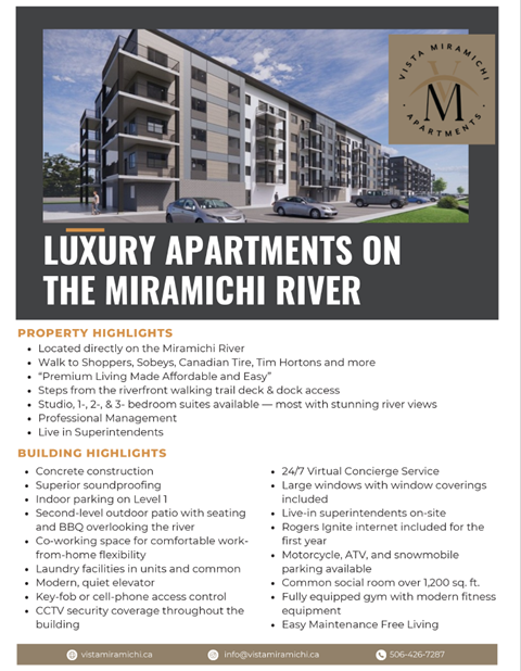 A flyer for luxury apartments on the Miramichi River, highlighting their location, property features, and building highlights.