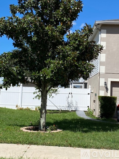 A tree in a grassy area in front of a building.