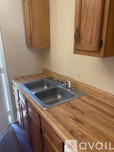 A kitchen with a sink and wooden cabinets.