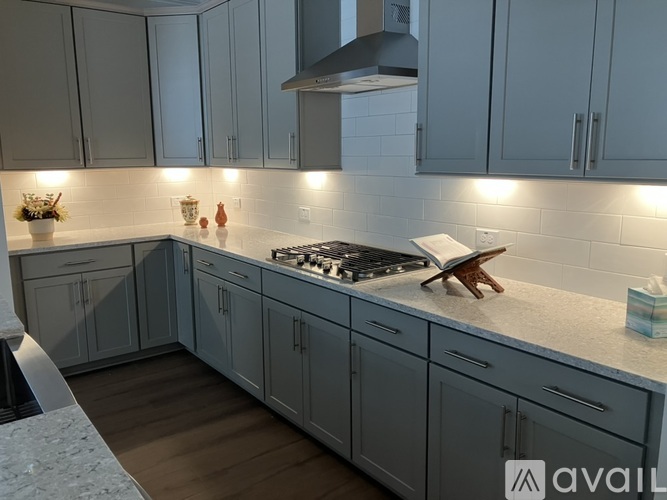 A modern kitchen with a stove top oven and a range hood.
