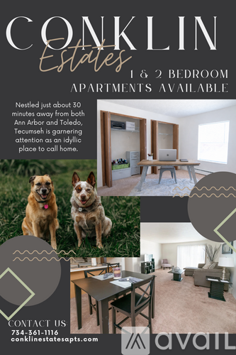 A flyer for Conklin Estates advertising 1 and 2 bedroom apartments available.