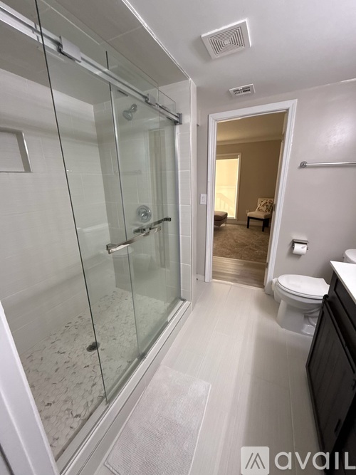 A bathroom with a walk-in shower and a toilet.