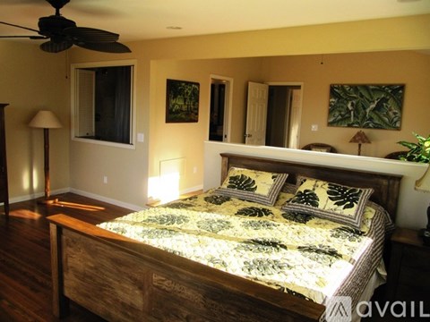 A bedroom with a bed, a ceiling fan, and a lamp.