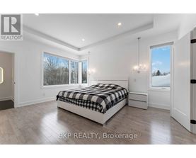 A bedroom with a large bed and a view of the outdoors through the window.