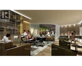 A modern living room with people sitting and chatting.