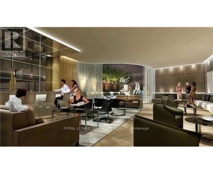 A modern living room with people sitting and chatting.