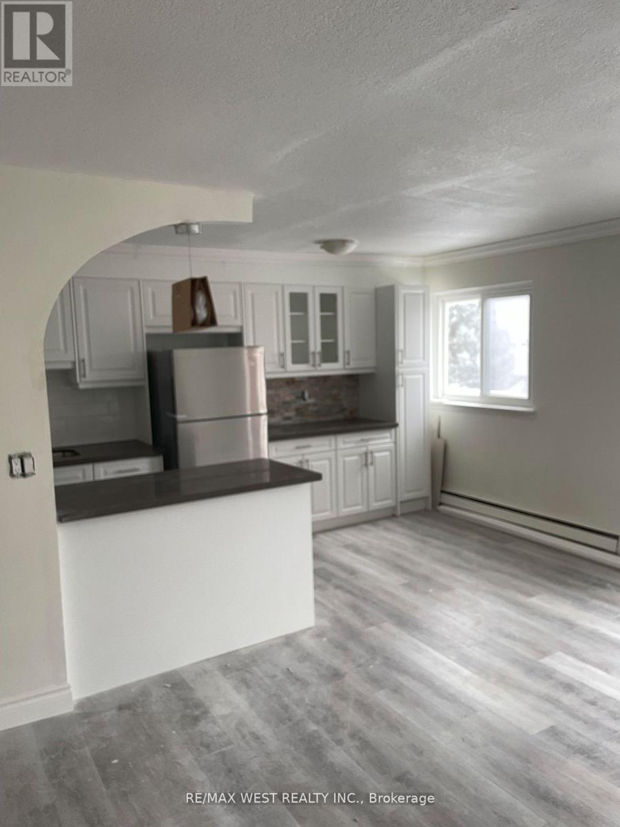 A kitchen with a refrigerator, cabinets, and a countertop.