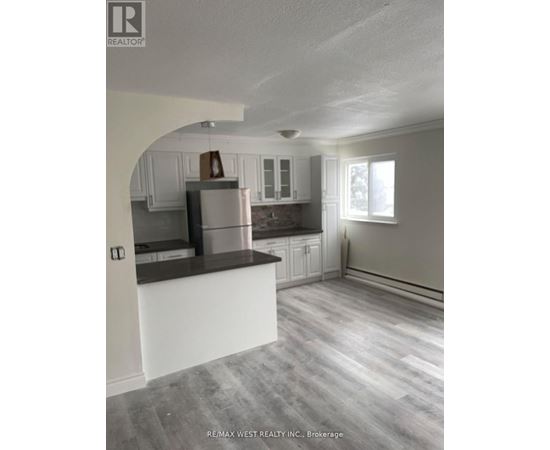 A kitchen with a refrigerator, cabinets, and a countertop.