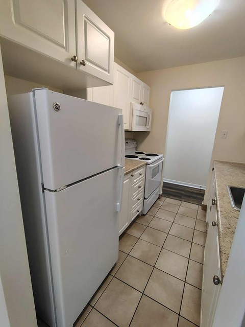 A kitchen with a refrigerator, microwave, oven, and sink.