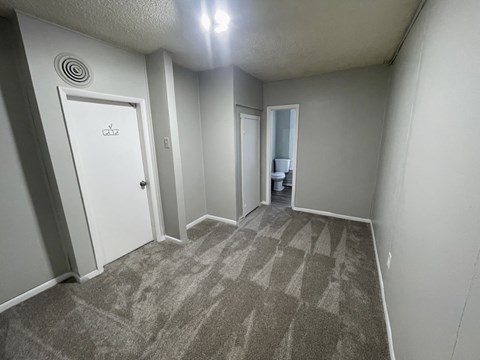 A room with a carpeted floor and a white door.