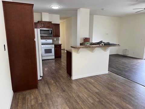 A kitchen with a refrigerator, microwave, oven, and a counter with a few items on it.