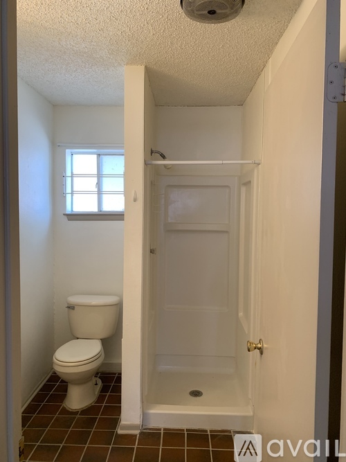 A small bathroom with a toilet and a shower stall.