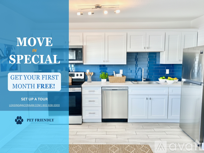 A kitchen with a sign that says "Move in Special Get your first month free!".