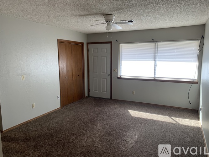 A room with a carpeted floor, a ceiling fan, and a window with blinds.