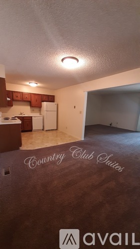 A room with a kitchen area and a bedroom in the background.