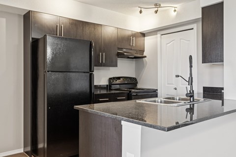 A black refrigerator stands in a kitchen with a sink and stove.