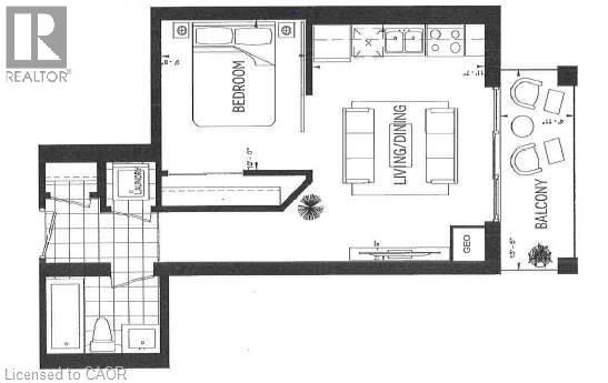 A black and white floor plan of a house with a bedroom, living room, and bathroom.