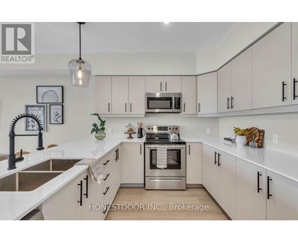 A modern kitchen with white cabinets and stainless steel appliances.