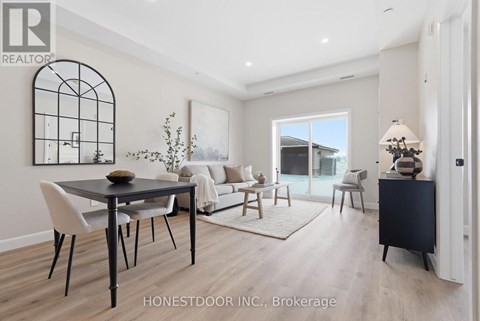 A modern interior space with wooden furniture and a bar area.