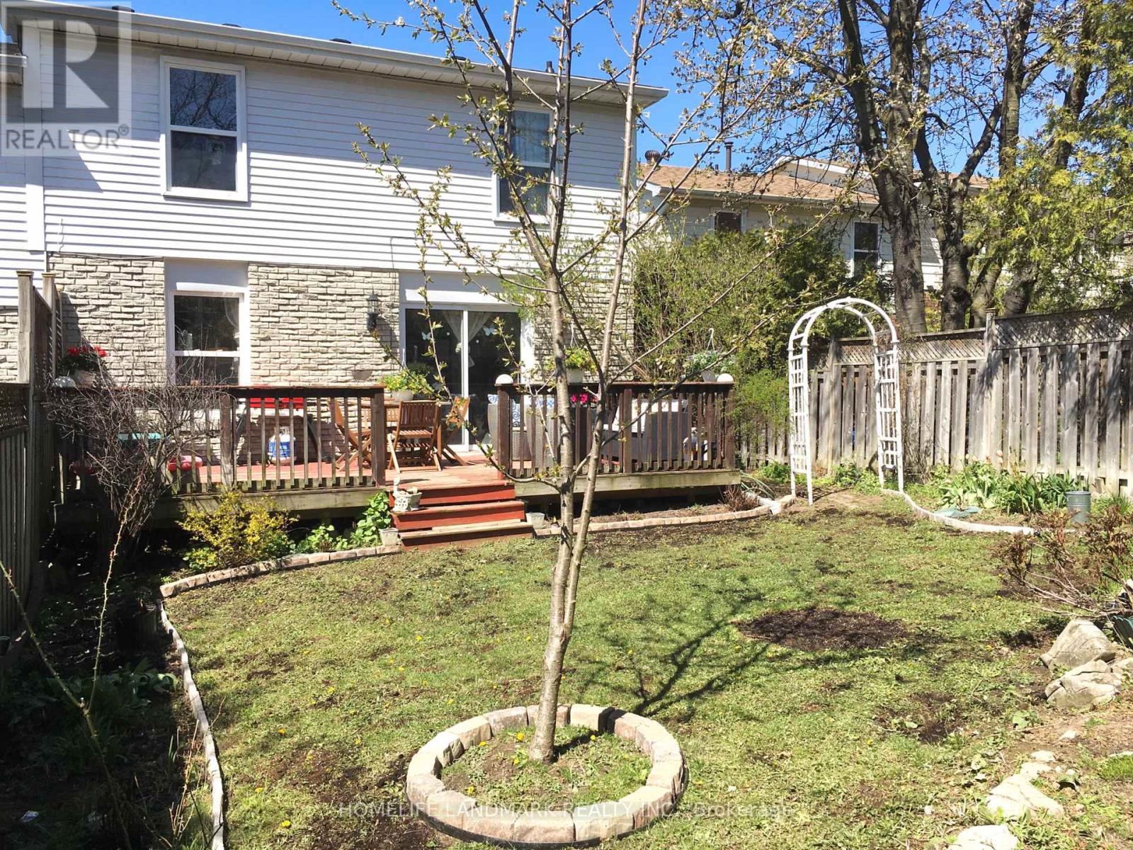 A tree in a pot sits in the middle of a grassy yard.