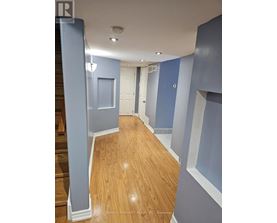 A hallway with wood flooring and blue walls.
